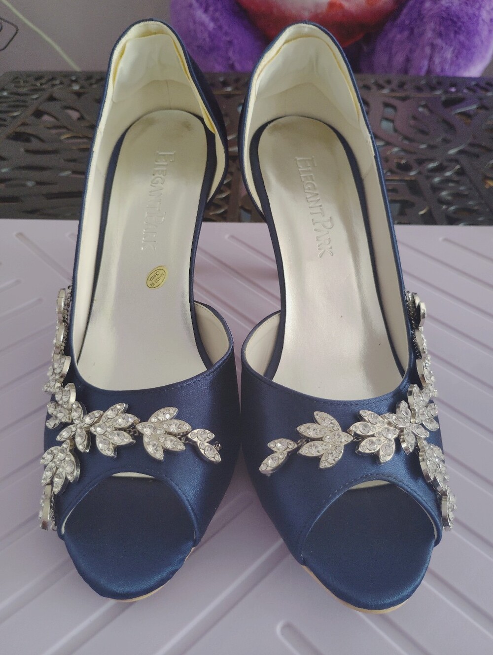 Navy Satin Peep-Toe Heels with Crystal Embellishment